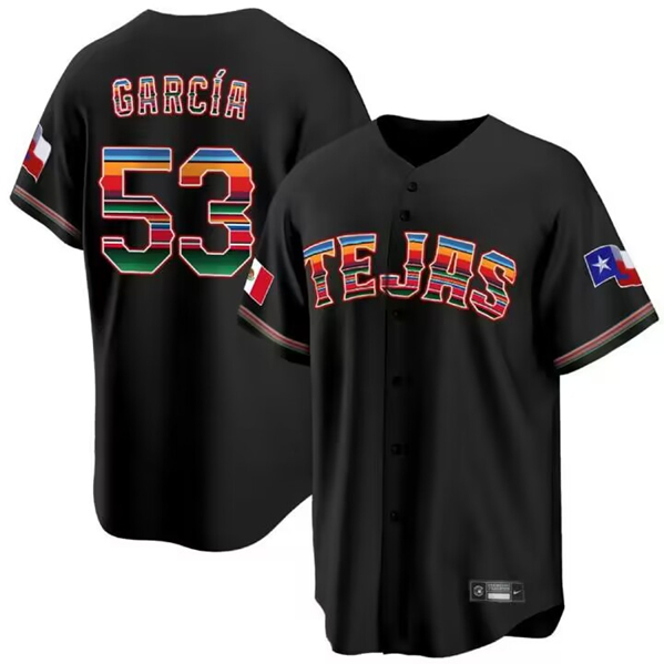 Men's Texas Rangers #53 Adolis Garcia Mexico Black Cool Base Stitched Baseball Jersey